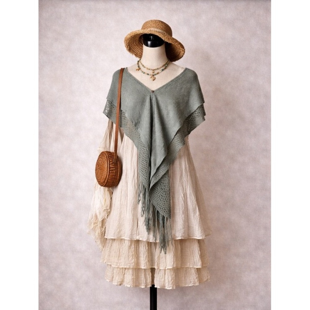 Chloe Boho Knit Fringe Poncho Wrap Women OS Gray Mesh Shawl Capelet V-Neck